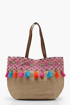 Boohoo Florence Straw Tassel Beach Bag