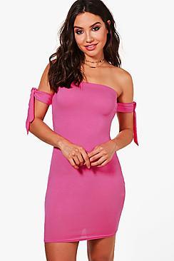 Boohoo Lilly Tie Sleeve Bardot Bodycon Dress