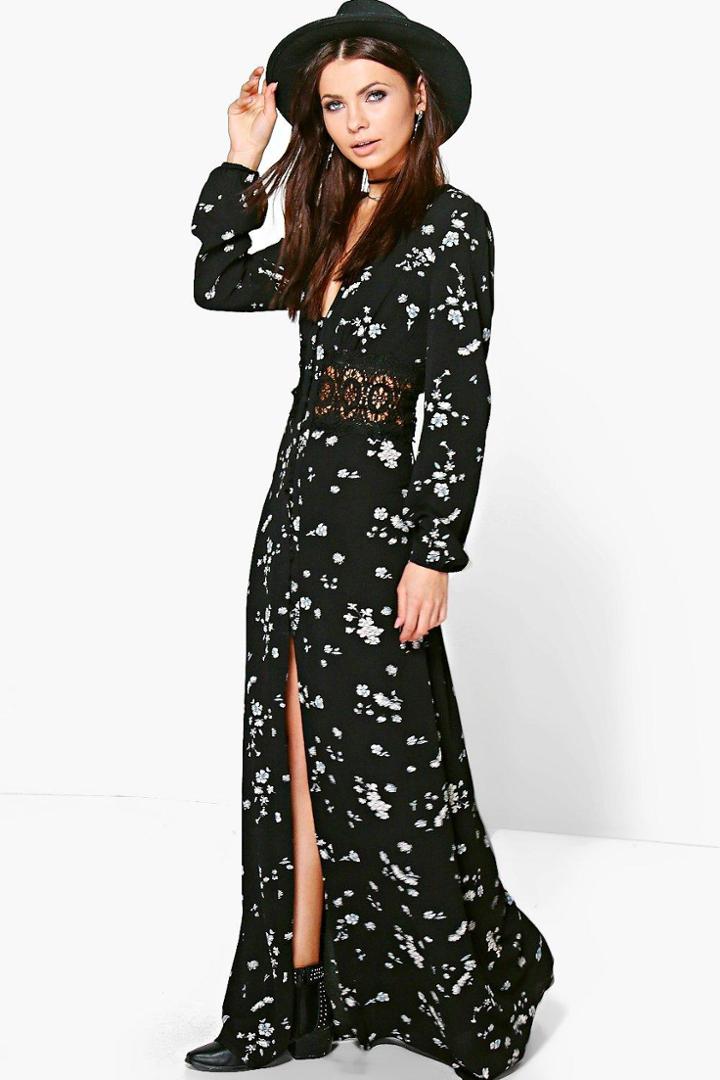 Boohoo Pandora Floral Crochet Waist Maxi Dress Black