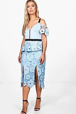 Boohoo Plus Holly Crochet Lace Open Shoulder Midi Dress