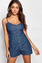 Boohoo Strappy Popper Front Denim Playsuit