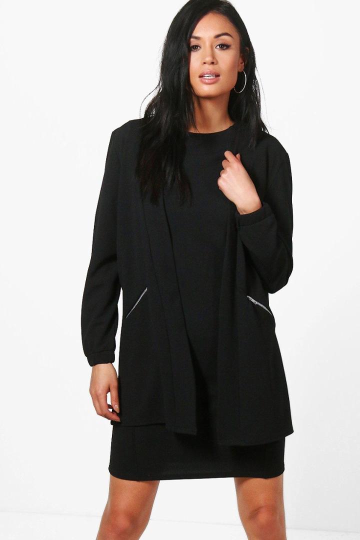 Boohoo Anna Zip Detail Collarless Duster Black
