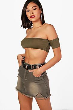 Boohoo Kammi Khaki Distressed Denim Mini Skirt