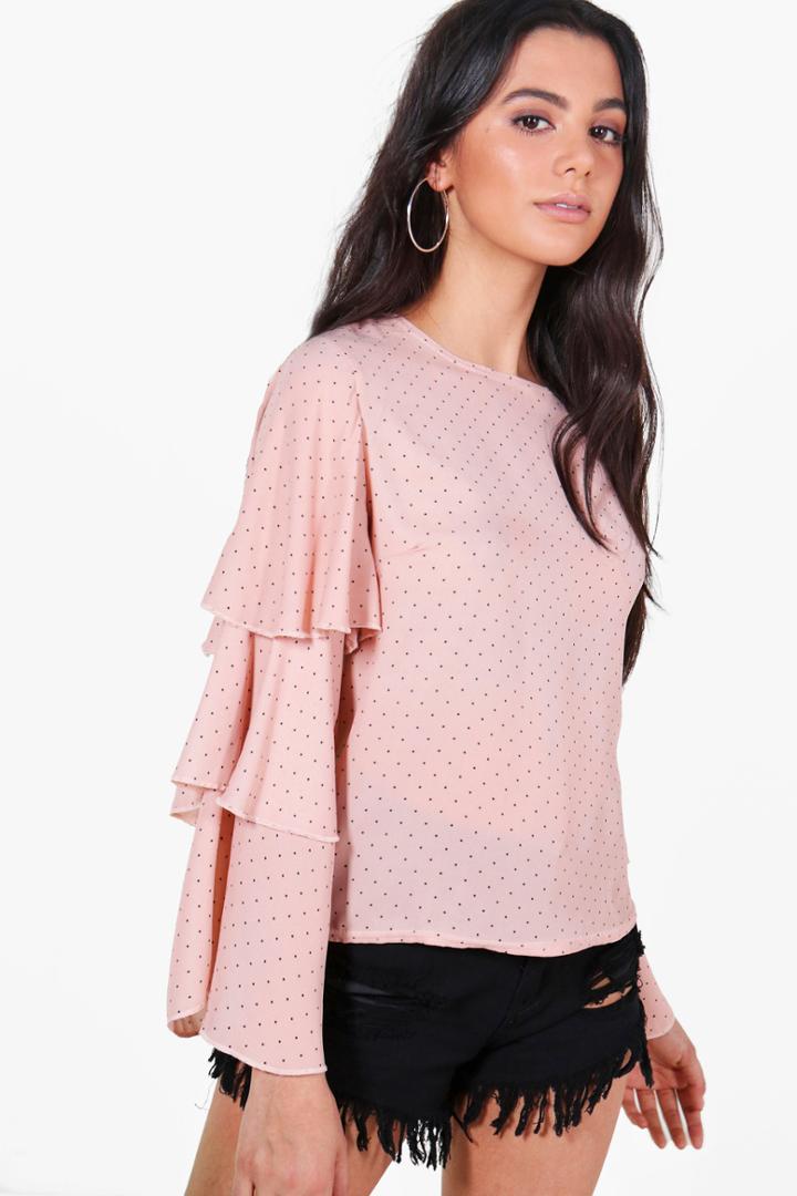 Boohoo Esme Spot Ruffle Sleeve Woven Top Nude