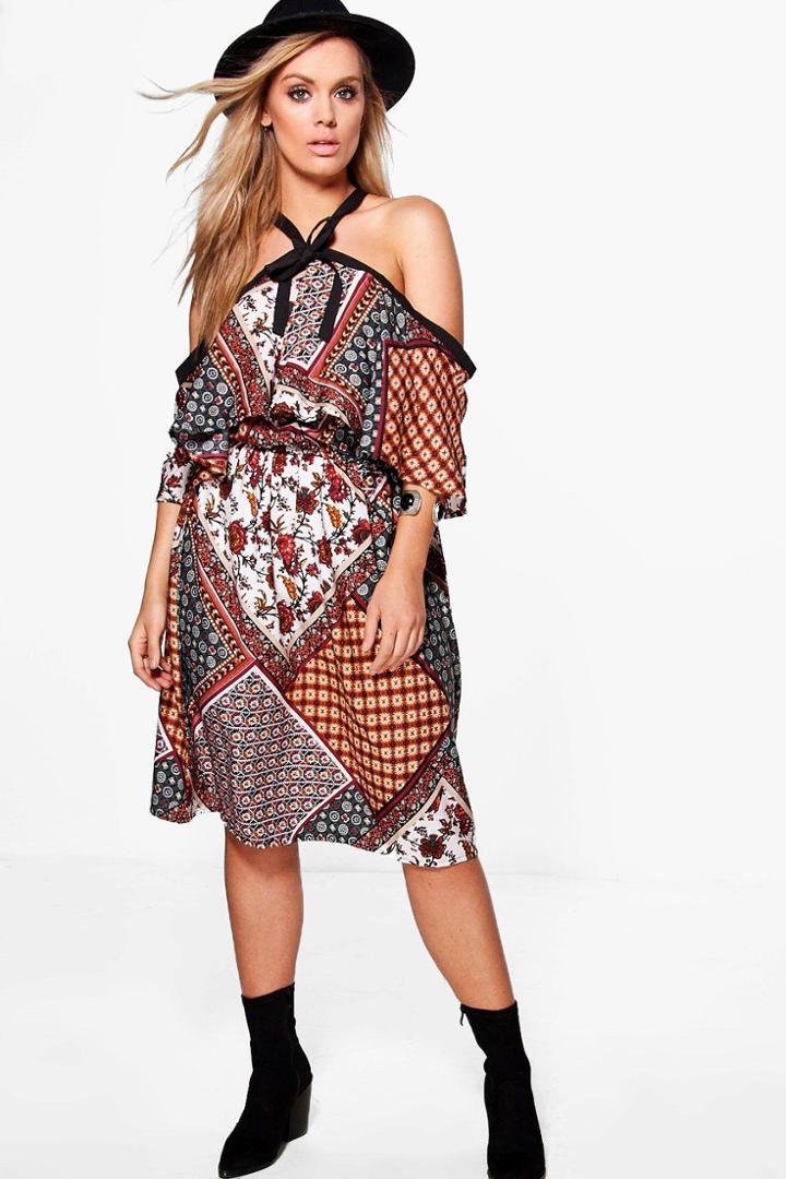 Boohoo Plus Freya Open Shoulder Printed Dress Multi