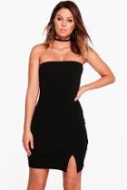 Boohoo Sue Crepe Bandeau Front Split Bodycon Dress Black