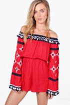 Boohoo Boutique Laura Embroidered Tassel Playsuit Red