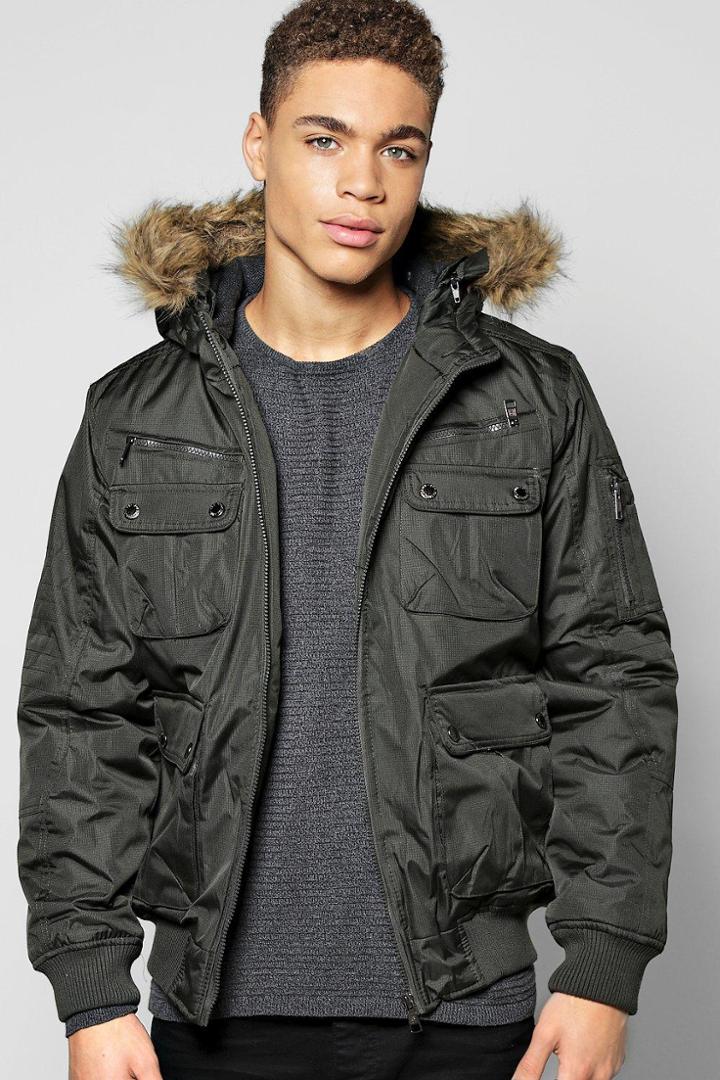 Boohoo Short Parka With Faux Fur Lined Hood Olive