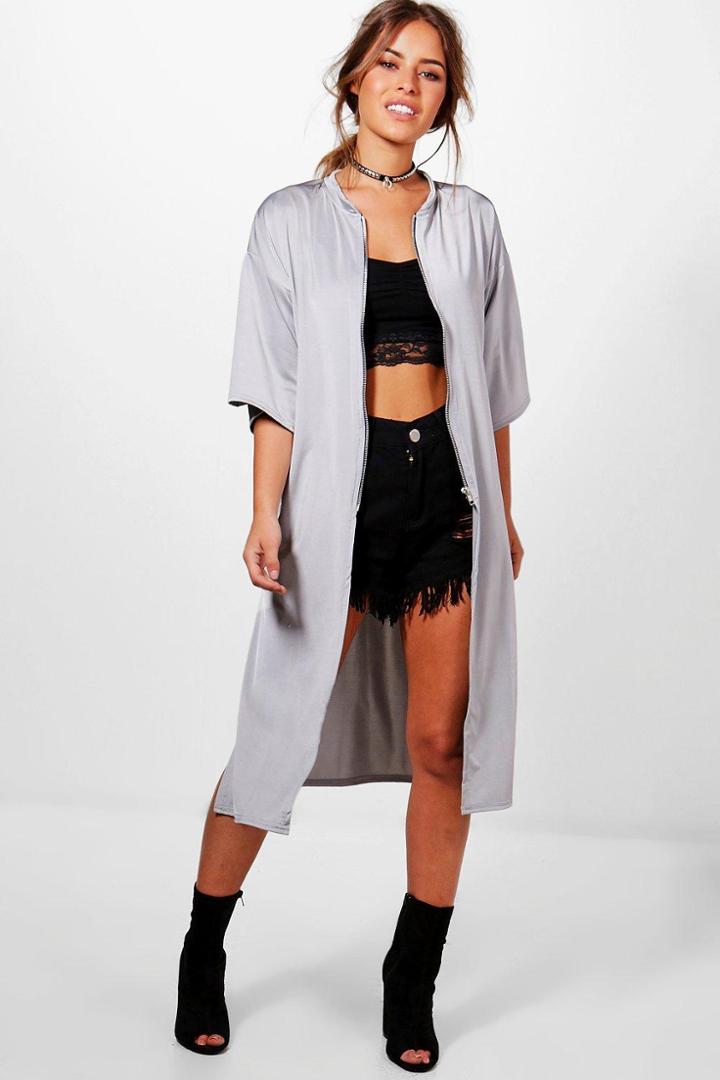 Boohoo Petite Evie Zip Front Oversized Duster Jacket Silver