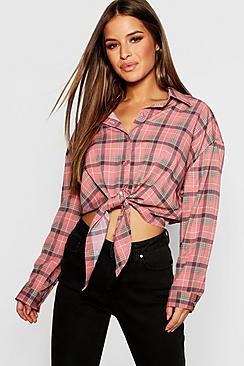 Boohoo Petite Tie Front Oversized Checked Shirt
