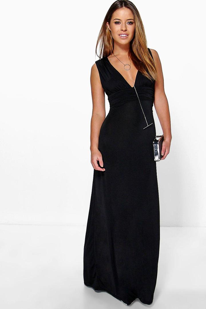 Boohoo Petite Donna Plunge Ruched Maxi Dress Black