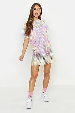 Boohoo Petite Pastel Tie Dye Mesh T Shirt Dress