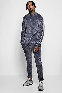 Boohoo Man Signature Velour Sweater Sports Tape Tracksuit