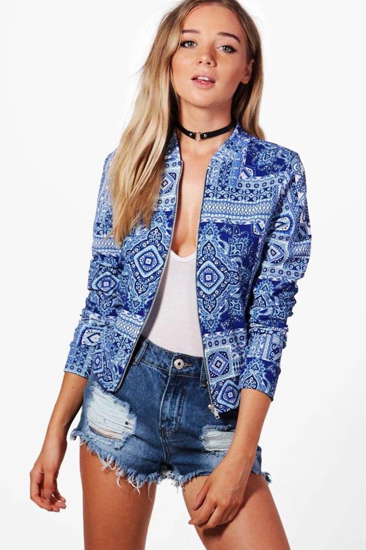 Boohoo Georgia Paisley Print Bomber Blue