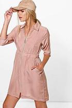 Boohoo Kady Utility Zip Front Cupro Shirt Dress