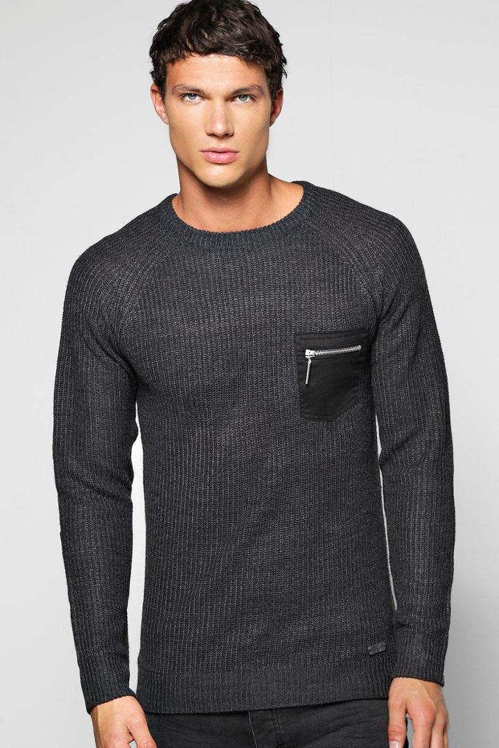 Boohoo Fishermand Rib Jumper With Patch Pockets Charcoal