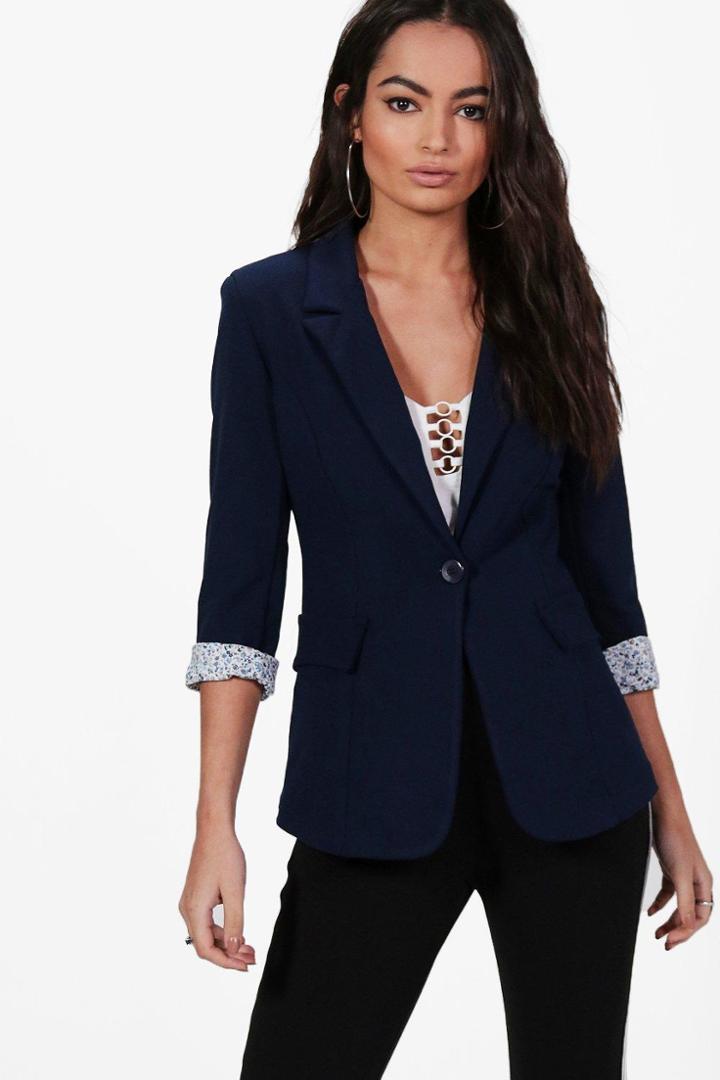 Boohoo Maria Floral Turn Up Cuff Tailored Blazer Navy