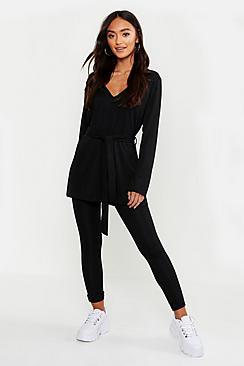 Boohoo Petite Rib Belted Top Lounge Set