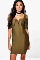 Boohoo Prue Lace Up Cold Shoulder Bodycon Dress Moss
