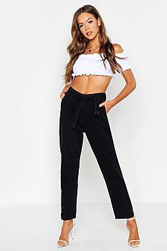 Boohoo Seam Detail Tapered Belted Mom Jean