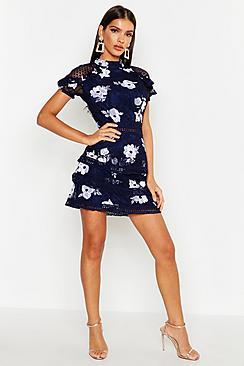 Boohoo Floral Lace Tiered Mini Dress