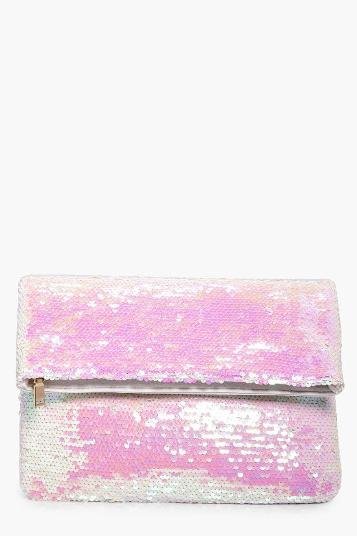 Boohoo Annabel Mermaid Sequin Fold Over Clutch White