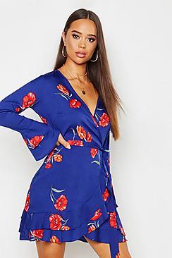 Boohoo Woven Floral Wrap Tea Dress