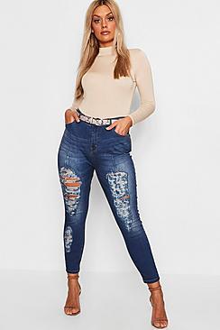 Boohoo Plus Distressed 5 Pocket Stretch Skinny Jean