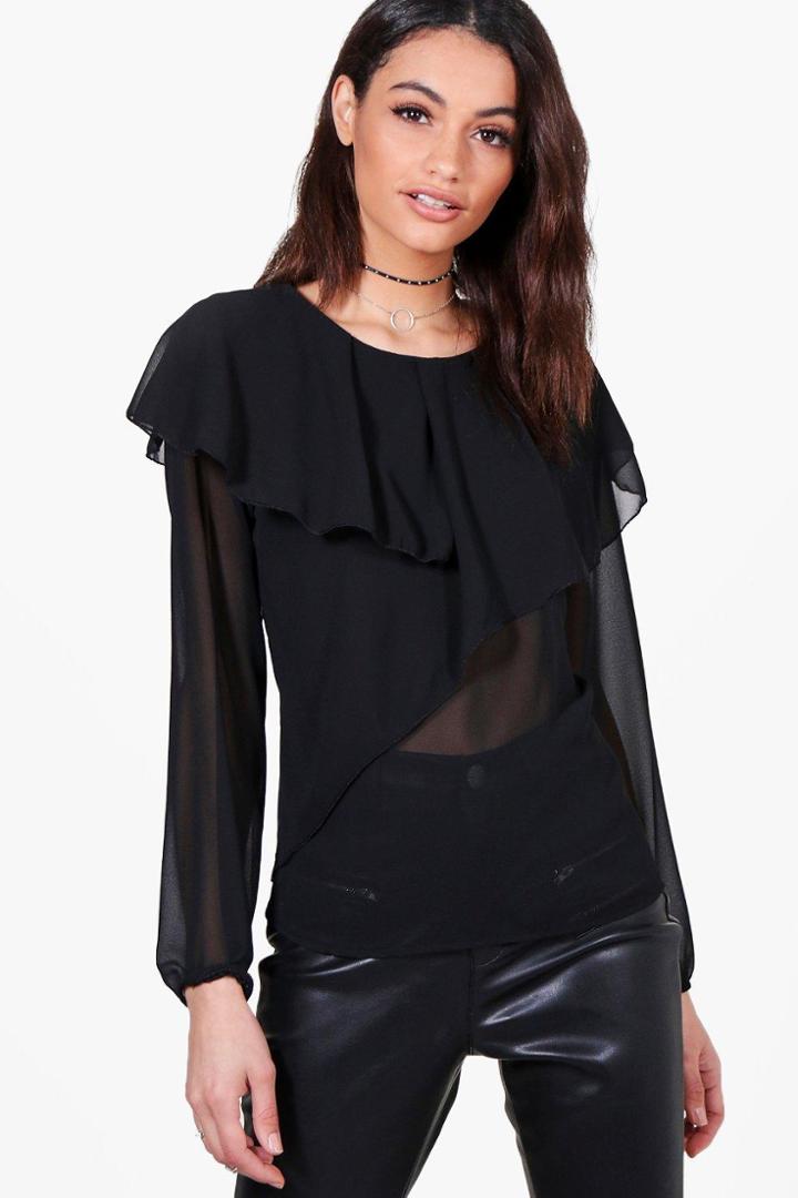 Boohoo Anna Layered Frill Top Black
