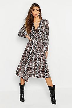 Boohoo Snake Print Button Front Midi Dress