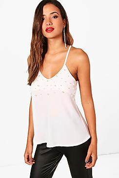 Boohoo Sara Pearl Trim Woven Embellished Cami