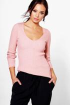 Boohoo Milly V-neck Rib Knit Jumper Nude