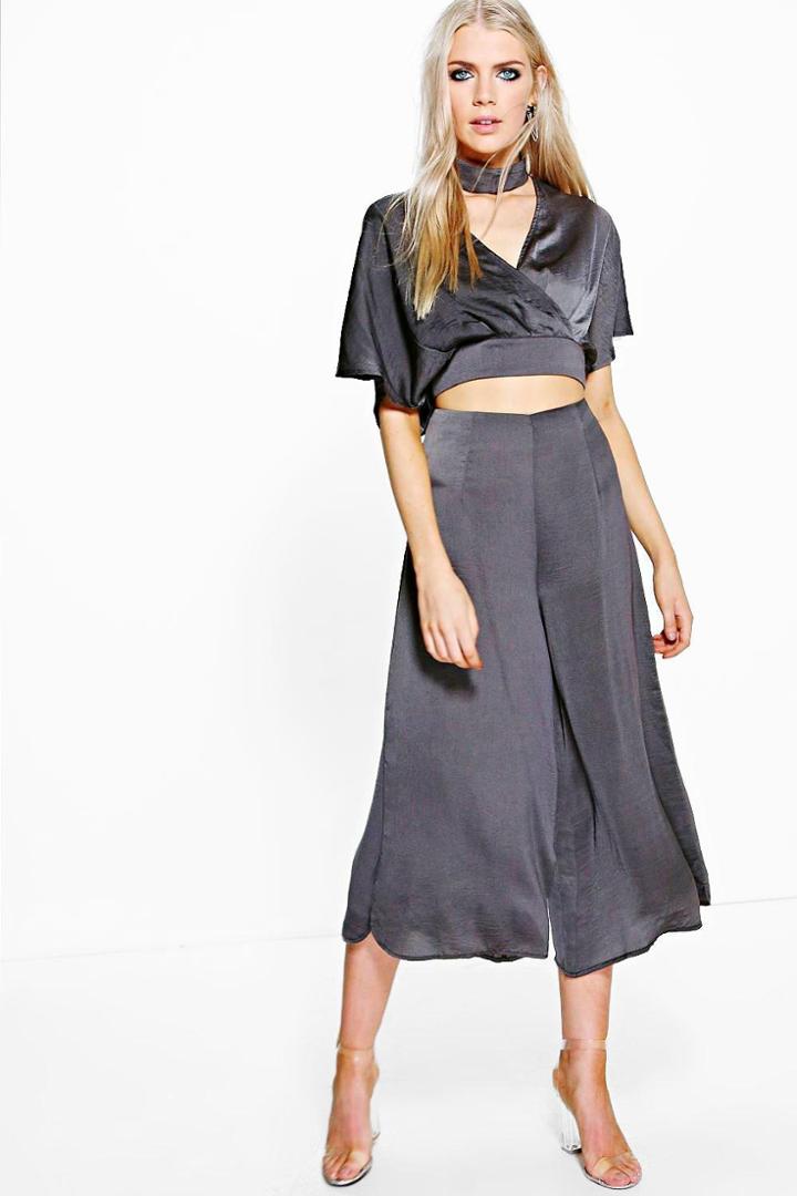 Boohoo Shannon Satin Wrap Detachable Choker Crop And Culotte Co-ord Smoke