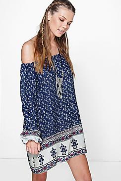 Boohoo Melissa Paisley Off The Shoulder Dress