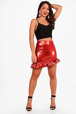 Boohoo Metallic Pu Asymetric Ruffle Mini Skirt