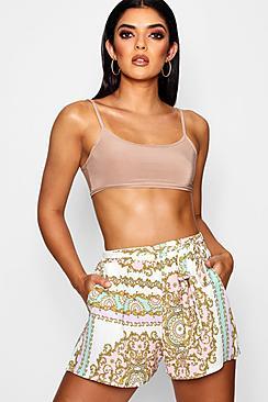 Boohoo Holly Lilac Print Tie Belt Shorts