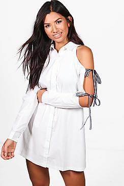 Boohoo Isabel Cold Shoulder Tie Sleeve Shirt Dress
