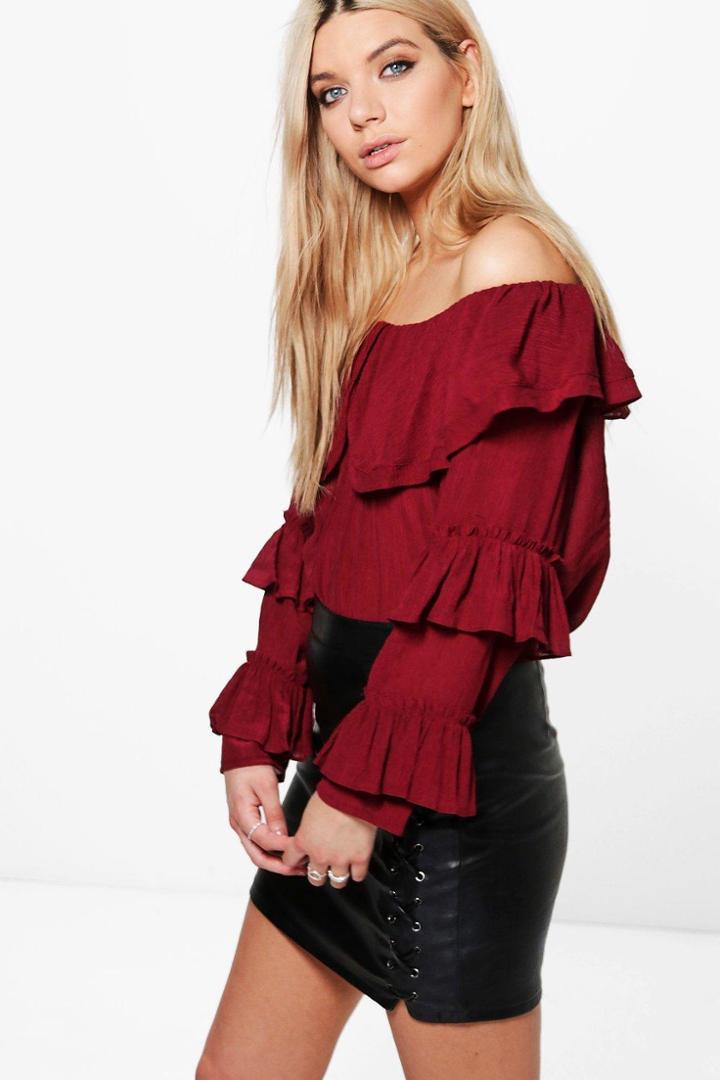 Boohoo Rachel Ruffle Sleeve Crinkle Bardot Top Wine