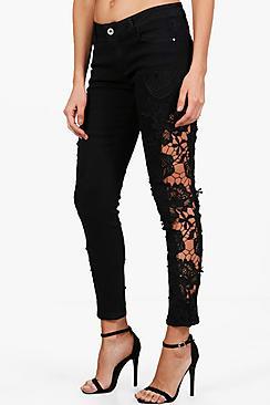 Boohoo Erin Mid Rise Crochet Detail Skinny Jeans