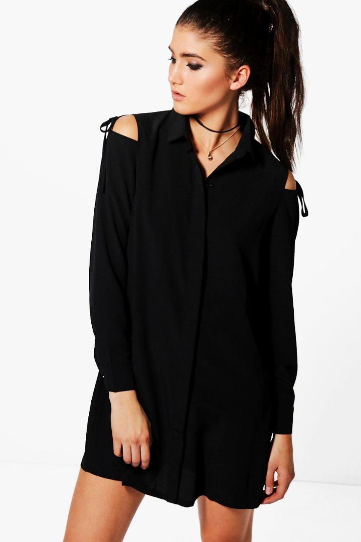 Boohoo Georgia Cold Shoulder Tie Detail Shirt Dress Black