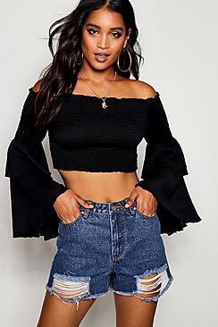 Boohoo Kayla Crinkle Shirred Flare Sleeve Crop