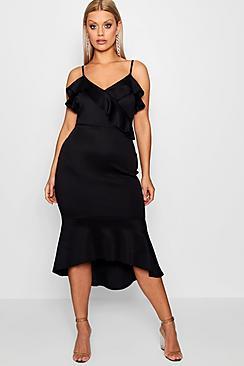 Boohoo Plus Kerry Scuba Frill Peplum Midi Dress