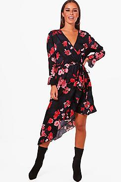 Boohoo Petite Laura Asymmetric Ruffle Hem Wrap Dress