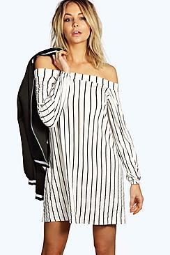 Boohoo Kerrie Stripe Off The Shoulder Shift Dress