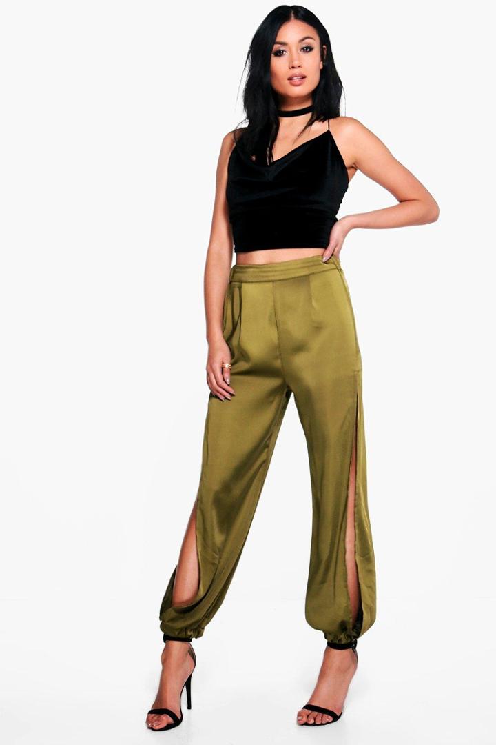 Boohoo Valentia Satin Split Leg Luxe Woven Joggers Khaki