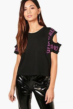 Boohoo Petite Cold Shoulder Slogan T-shirt