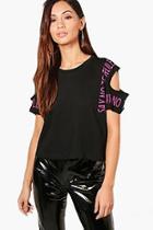 Boohoo Petite Cold Shoulder Slogan T-shirt