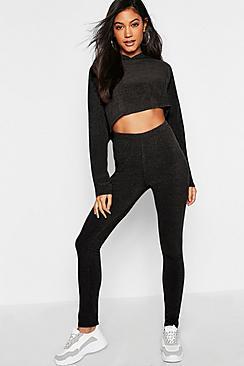 Boohoo Ribbed Crop Hoodie & Legging Set