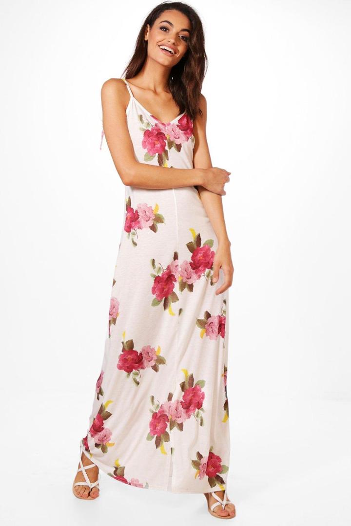 Boohoo Rachel Tie Strap Floral Maxi Dress White