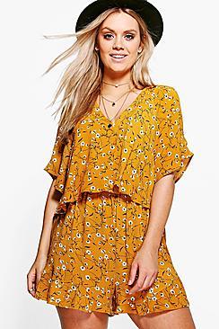Boohoo Plus Kelly Floral Printed Ruffle Playsuit
